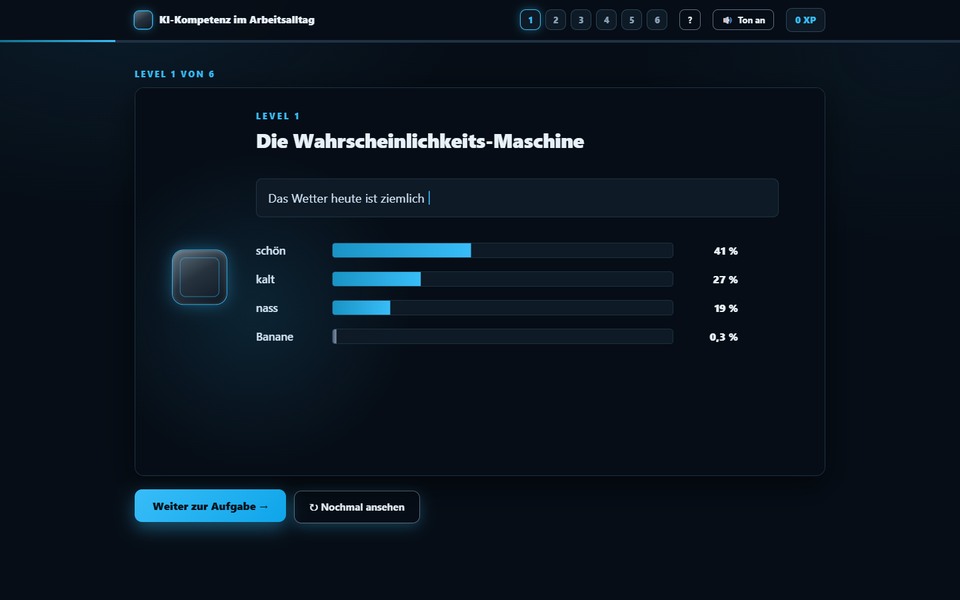 Level 1 der Schulung: interaktive Demo, wie ein Sprachmodell Wahrscheinlichkeiten fuer das naechste Wort berechnet